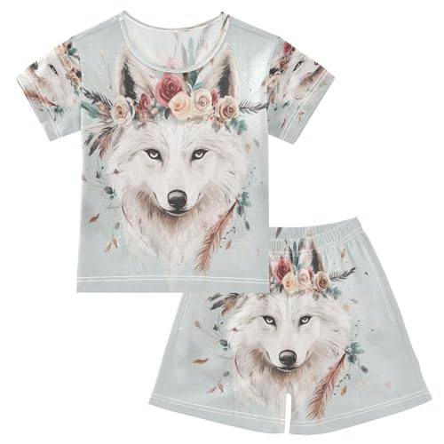 senya Short Sleeve Pajamas Sets Summer Cotton Sleepwear White Wolf Feather Rose Wreath
