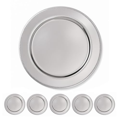 Murago - 6er Set Platzteller Edelstahl Ø 32,5 cm - Deko Servierplatte Perlenrand Metallteller für Buffet Hochzeit Käse Obst edle Servierteller Metall Partyplatte Silber-farbig Unterteller Untersetzer