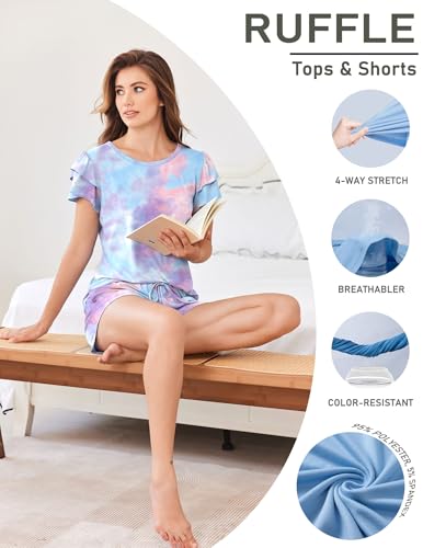 Image of Ekouaer Womens Pajama Sets 2 Piece Ruffle Sleeves Top and Shorts Pjs