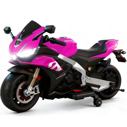 Image of Kids Motorcycle,24V Battery Powered Eletric Ride on Motorcycle for Boys 3-6, Brushless Motor,Kids Electirc Bikes,Aprilia Licensed,with Bluetooth & MP3 (Pink, 24V)