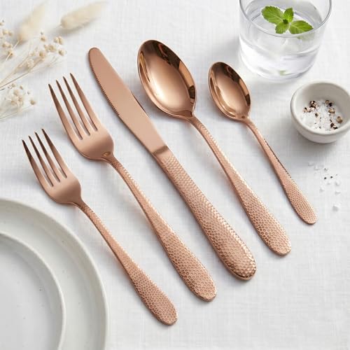 Image of Hammered Rosegold Silverware Set | 5-Piece Premium Stainless Steel Flatware Set | Dishwasher Safe Cutlery Set for Home, Restaurant & Gifting
