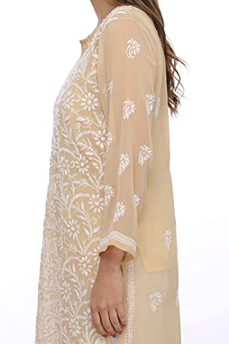 Ada Hand Embroidered Indian Chikankari Women's Georgette Kurti Kurta With Slip A90352,5Xl, Fawn #TOP5