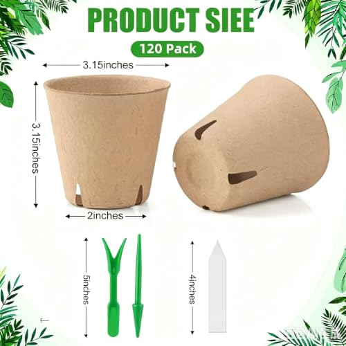 Image of Baxrou 120 Pack 3.15 Inch Peat Pots Plant Starters for Seedling, Biodegradable Herb Seed Starter Pots Kits, Garden Germination Nursery Pot wit 30 Plant Labels, 2 Transplant Tools.