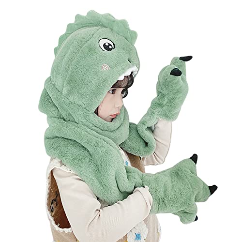 Toddler Kids Cartoon Dinosaur Fleece Plush Hat Gloves Scarf 3 in 1 Set Girls Boys Winter Cute Warm Long Hoodie Earflap Hat3
