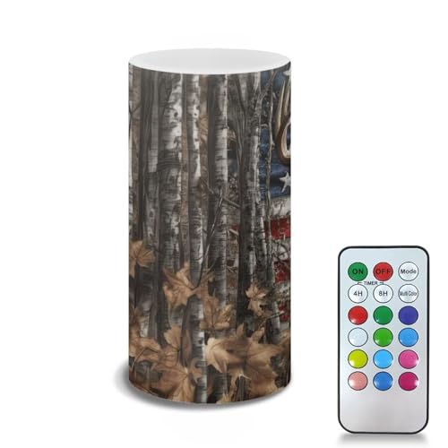 Image of Poceacles Flameless LED Candle Battery Powered Votive Lights Realistic Pillar Candle Decorative Tea Lights for Home Party Indoor Outdoor Patriotic Decor, Deer Camo Leaf American Flag