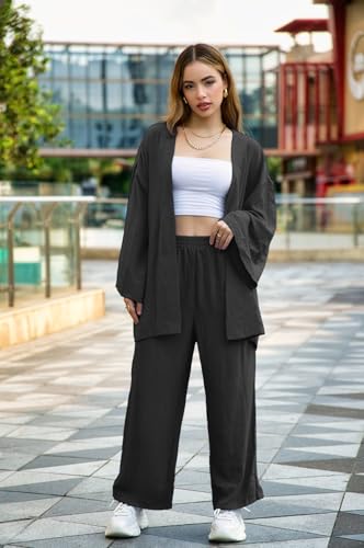 ZAFUL Women 2 Piece Tracksuits Outfits Loungewear Sets Solid Linen Loose Cardigan Suits And Wide Leg Pants Casual Suits4