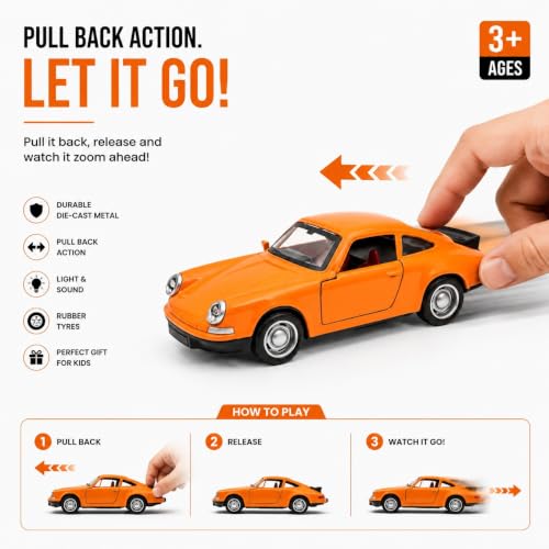 Image of 1:36 Scale Porscha 911 Die-Cast Alloy Toy Car - Pull-Back Metal Sports Car with Openable Doors, LED Lights & Sound - Collectible Model for Kids, Boys & Enthusiasts (Orange)