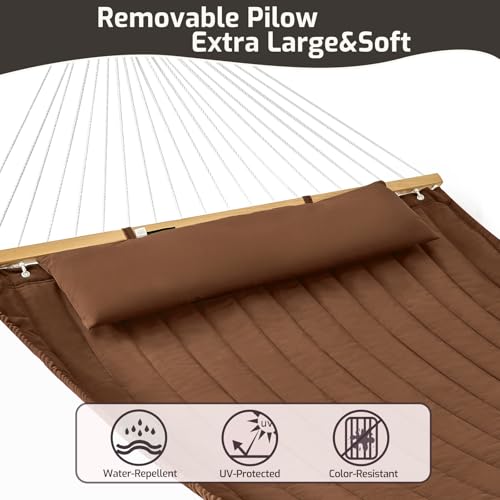 Image of Double Quilted Fabric Hammock with Hardwood Spreader Bars and Pillow 450 LBS Capacity 2 Person Large Hammock for Outdoor Patio Backyard Poolside - Brown