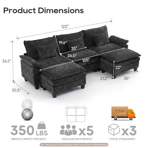 Image of URRED Oversized Modular Sectional Sofa,Black:122 inch U Shaped