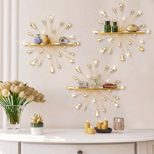 Image of Yaocom 3 Pcs Bling Crystal Floating Shelves Metal Starbursts Wall Decor Folding Shelf Gold Corner Shelves Hanging Wall Mounted for Storage Bedroom Bathroom Living Room Kitchen Office Home Decoration