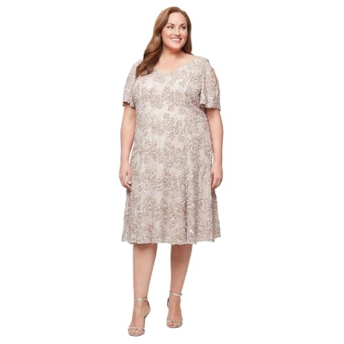 Amazon.com: Alex Evenings Women's V-Neck Midi Stretch Lace & Sequin Formal  Dress with Cold Shoulder Flutter Sleeves (Plus Size), Buff, 14W : Clothing,  Shoes & Jewelry
