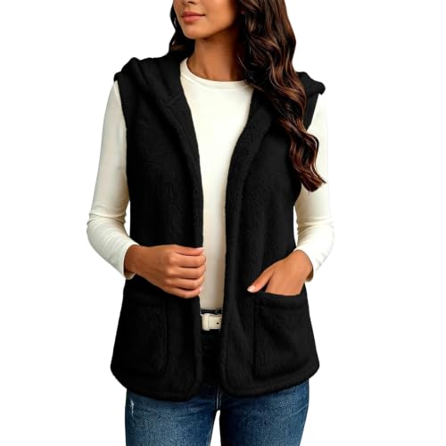 Womens Fuzzy Fleece Vest Hooded Open Front Patch Pockets Casual Fall Layer - image 8