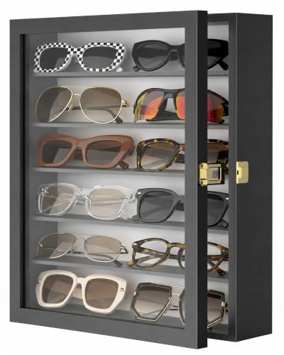 Image of TJ.MOREE Sunglasses Organizer Storage Wall Mounted: 13 x 15.6 inches Eyewear Display Case 6 Tier Rustic Wood Eyeglasses Holder Large Glasses Storage Box,Black