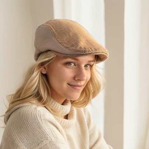 Image of Men's Cotton-Hemp Blend Newsboy Cap - Lightweight Summer Flat Cap for Driving & Outdoor Style