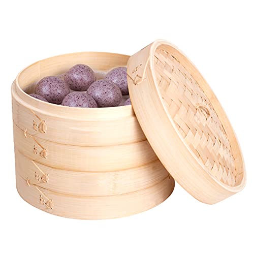 LTLWSH Bamboo Steamer, 2 Tiers Chinese Food Steamers, Traditional Design Healthy Cooking for Dumplings, Vegetables, Chicken, Fish - Handmade Steam Basket Included 2-Tiers with Lid,21cm