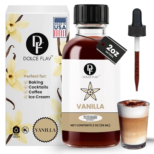 Dolce Flav Vanilla Extract – 2 Ounce Water-Soluble Kosher, Sugar-Free, Concentrated Vanilla Flavoring for Baking, Cookies & Desserts, Includes Measured Dropper