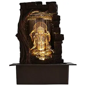 Saraswati Creations Tabletop Indoor Water Fall Beautiful Decorative Polyrfiber Golden Brown Sitting Ganesh Water Fountains with LED Lights for Living Room Home Decoration