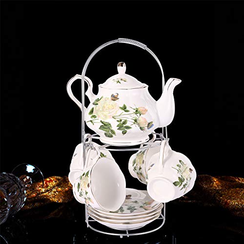 14 Piece European Ceramic Tea Set Coffee Set Porcelain Tea Setwith Metal Holder,Flower Tea Set Red Rose Painting,160Ml/Cup,460Ml/Pot (Green) #TOP1