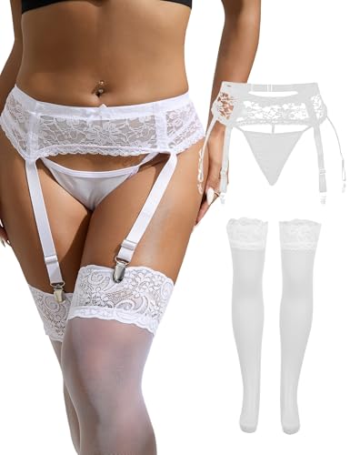 Image of Women Floral Lace Garter Belt Plus Size Mesh Suspender Belt Set with 4 Straps Metal Clip for Thigh Highs