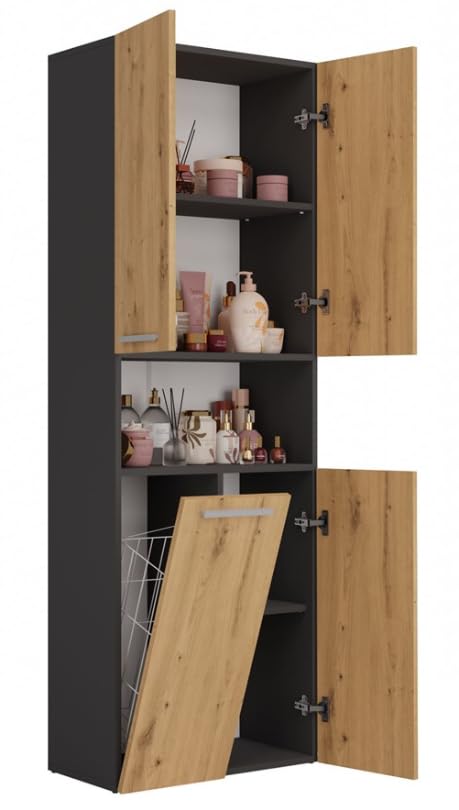 BDW Mobile da Bagno Con 4 Porte, Mobiletto Alto Mensola 174 x 60 x 30 cm NEL 1K/DK (Rovere Antracite/Artisan)