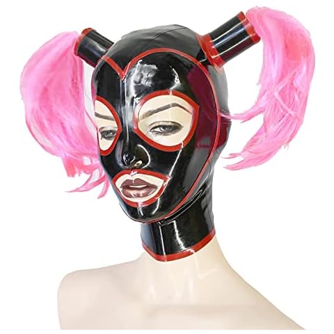 MONNIK Latex Mask Rubber Hood Black and Red Trim with Ponytail Hair Tube and Contrast Trim for Party Clubwear Catsuit Cosplay LZY0107 (XL,Have Wigs) Cover