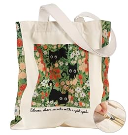 Miss Adola Large Canvas Tote Bag for Women - with Zipper and Inner Pocket Aesthetic Cute Shoulder Bag Reusable Grocery Shopping Bags Cotton Tote Bag for Gym Daily Travel, Green Three Cats