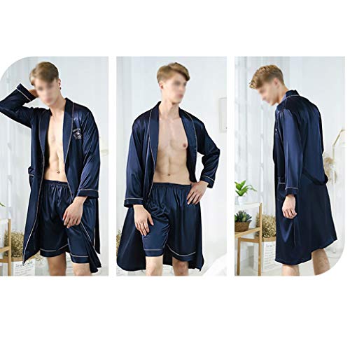 Men's Luxurious Kimono Robe with Shorts Summer Lightweight Nightgown Satin Bathrobes (Color : Blue, Size : Medium)2