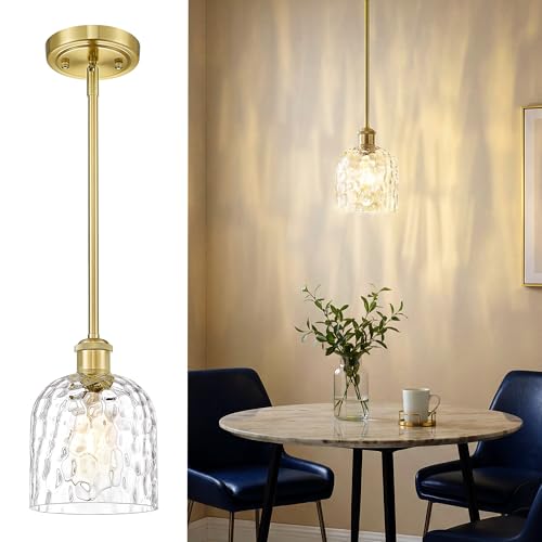 Image of zeyu Glass Pendant Light Kitchen Island, Single Pendant Light, Gold Vintage Hanging Lamp with Clear Hammered Glass, Brushed Gold Finish, ZJF63MIL-L BG