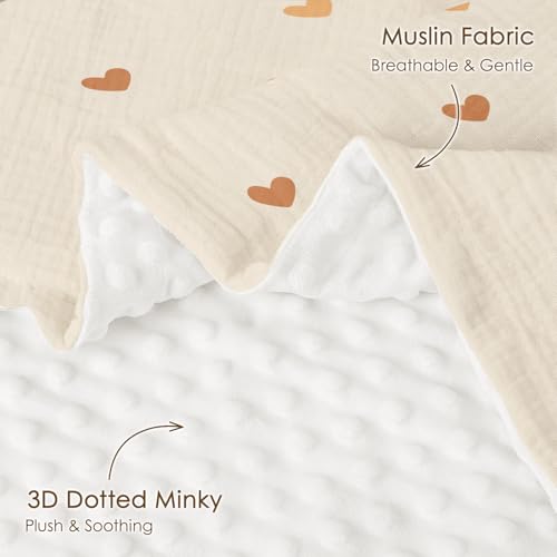Image of Heart Baby Blankets for Girls, Soft Nursery Minky Blankets with Muslin and Dotted Fleece Back 30x40 inches, Receiving Bed Quilt for Newborn, Infants, Toddlers