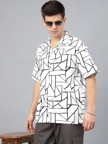 Image of Veirdo Poly Cotton Oversized Loose Baggy Fit Drop Shoulder Cool and Stylish Abstract Print Men Camp Collar Shirt