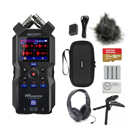 Zoom H4essential 4-Track 32-Bit Float Portable Audio Recorder Bundled with Zoom APH-4e H4essential Accessory Pack + Headphones + Tripod + 32GB Micro-SD Card + AA Batteries + Cloth (7 Items)