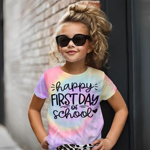 Happy First Day of School Shirt Kids Toddler Girls Back to School Outfit T-Shirt Tie Dye Short Sleeve Tee Top 3-10Y4