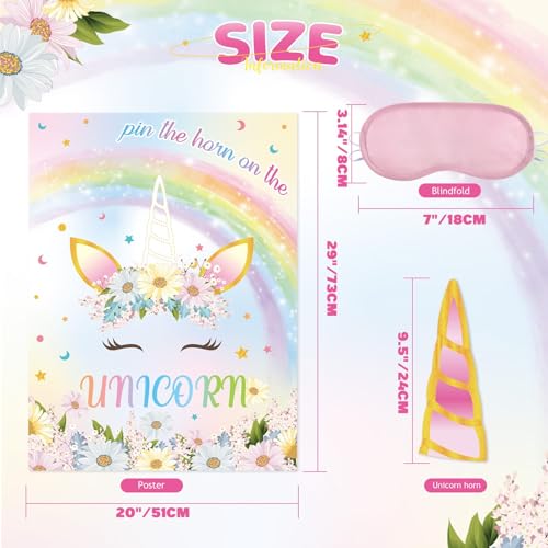 Image of WERNNSAI Pin the Horn on the Unicorn Birthday Party Game | Unicorn Birthday Decorations,Pin The Tail Game for Classroom Activities,28 inch x 21 inch Poster with 24 Stickers and Blindfold