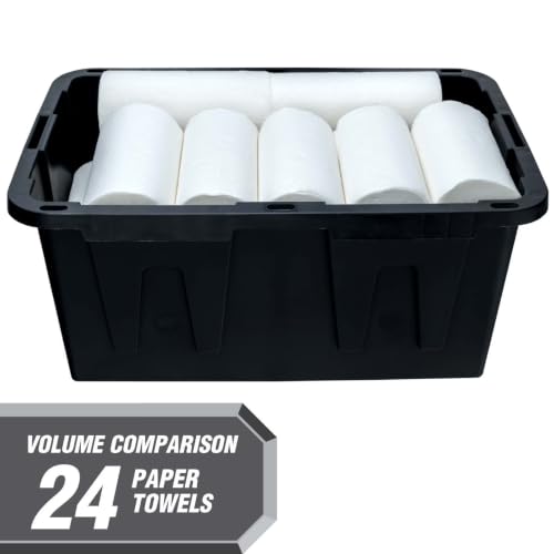 Image of Storage Bins 27 Gal Stackable with Lids 4 Pack for Garage Basement | Stackable with Lockable Lid Option - Secure stacking design with tie-down holes for zip-ties or padlocks.