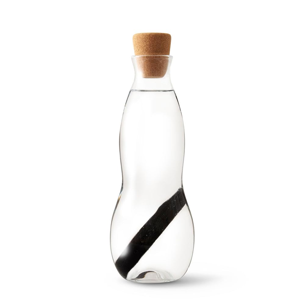 BLACK + BLUM Carafe Glass Bottle with Charcoal Filter | Hand Blown Glass Water Jug with Ergonomic Design and Natural Cork Stopper | Clear, 37 oz / 1.1L