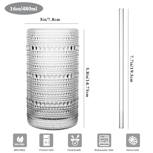 Dingerjar Upgraded Large Capacity 16 oz/480 ml Hobnail Glasses Drinking Set of 12 - Heavy Vintage Glassware