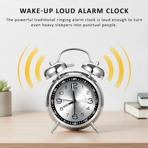 Image of Auromin Analog Alarm Clock for Bedroom & Study Table | Loud Alarm for Heavy Sleepers | Silent Desk & Table Clock for Home, Office, Living Room | Retro Stainless Steel Alarm Clock