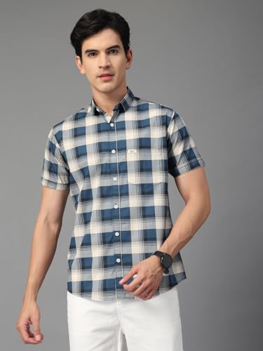 Image of Majestic Man Men's Slim Fit Premium Pure Cotton Plaid Check Half Sleeve Casual Shirt