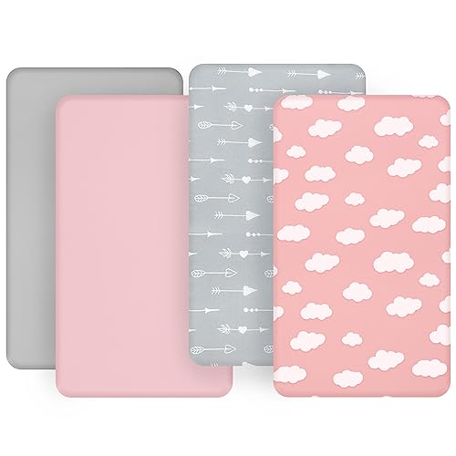 Baby Bassinet Sheets 4 Pack Compatible with 33" x 20" Mika Micky, Baby Delight, Dream On Me, AMKE and Other Rectangle Bassinet Mattress, Ultra Soft & Skin-Friendly, Pink Print