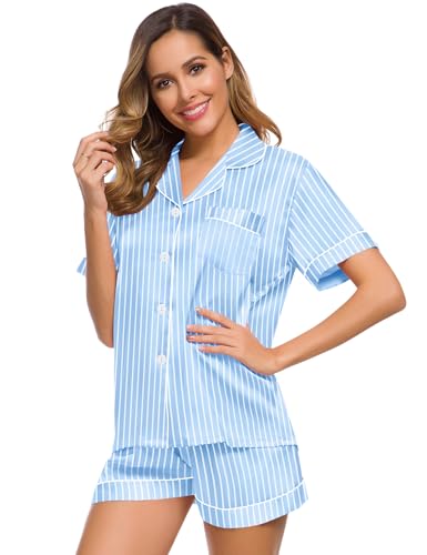 Image of SWOMOG Womens Silk Satin Pajamas Set Short Sleeve Sleepwear Button Down Top and Shorts Loungewear 2 Piece Pjs Set XS-3XL Striped Blue X-Large