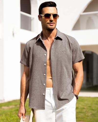 Image of Alimens & Gentle Mens Linen Shirts Short Sleeve Button Down Shirts Wrinkle Free Casual Vacation Beach Summer Tops