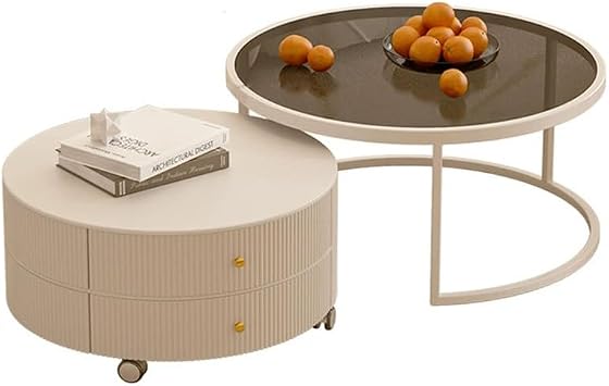 Modern Round Nesting Coffee Table with Storage, Small Round Nesting Coffee Table White, Circle Side Tables Set of 2 with Wheels for Living Room,Bedroom,Gray White,80cm