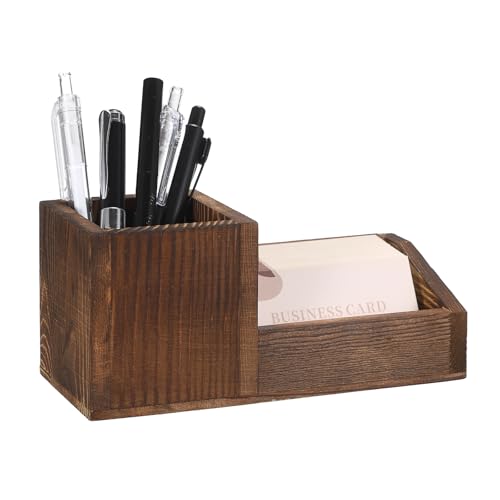 Hipiwe Business Card Holder Stand for Desk Wood Business Card Display Stand with Pen Pencil Holder Cup Multi-Function Desk Stationery Organizer Box for Office