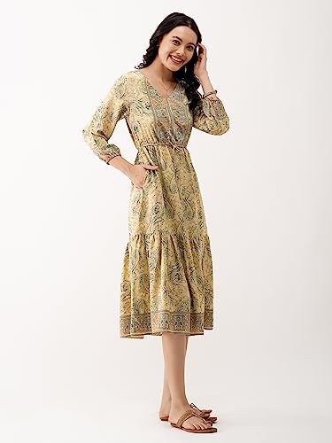 Image of AASK Abstract Printed Puff Sleeve Gathered Detailed Fit Flare Dress