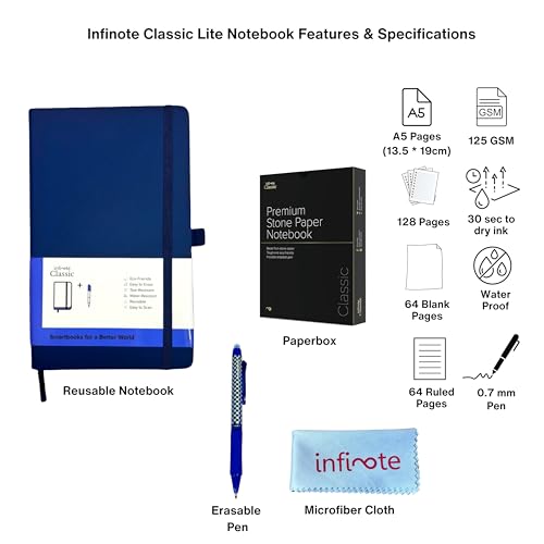 Image of Infinote Classic Reusable Stone Paper SmartNotebook Planner - Powered by App, Includes 1 Erasable Pen - Medium 12 x 19.5, NavyBlue, 81
