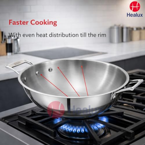 Healux Triply 22cm Maxi Wok with Glass Lid – 2.5L | Indian Kadai | Induction Friendly, Oven and Dishwasher Safe | 5 Years Guarantee – Silver | 304... - Image 5