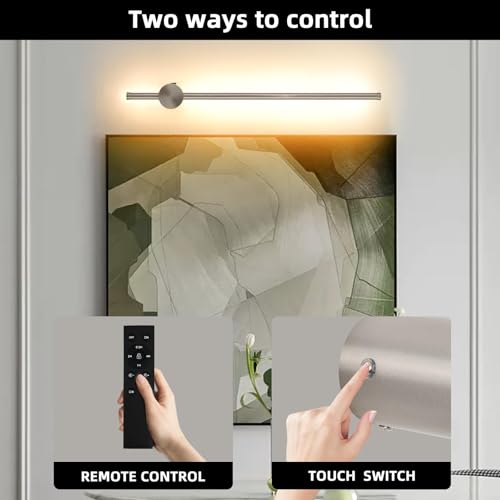 Image of Battery Operated Wall Sconces with Remote, Dimmable 3000K-6000K /Timer /Memory LED Wall Lamp, 350Rotate, USB Rechargeable Wireless wall lights for Living Room, Bedroom Brushed Nickel 23.6 inch(2 Pack)