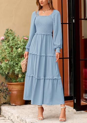 PRETTYGARDEN Fall Dresses for Women 2025 Long Sleeve Smocked Square Neck Swiss Dot Tiered Flowy Wedding Guest Maxi Dress