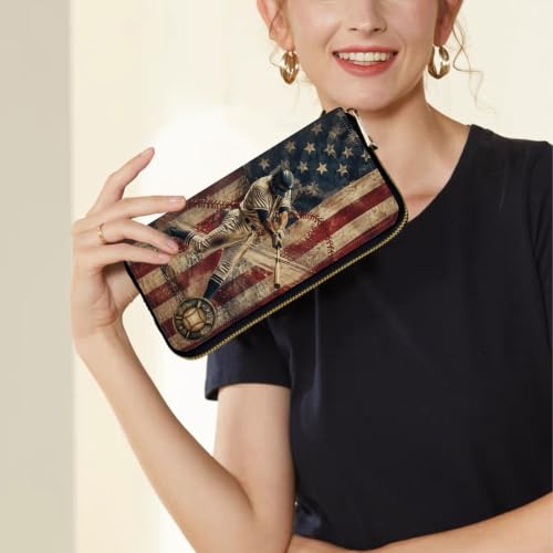 Image of Women's Wallets Credit Card Holder Money Leather Long Wallet | Long wallet with Wristlet,Large Capacity with Zip-Around Phone Purse for Women Ladies Girls,Baseball American Flag