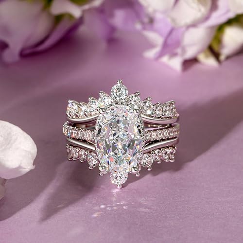 Image of Jeulia Gorgeous Twist Design Wedding Ring Set for Women; 925 Sterling Silver Oval CZ Crystal Inset Puzzle Bridal Ring Set 2PCS Stackable Ring Band Romantic Anniversary Jewelry Gift with Box